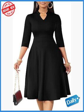 Semi Formal Fit and Flare 3/4 Sleeve A-line Church Work Dress with Pockets